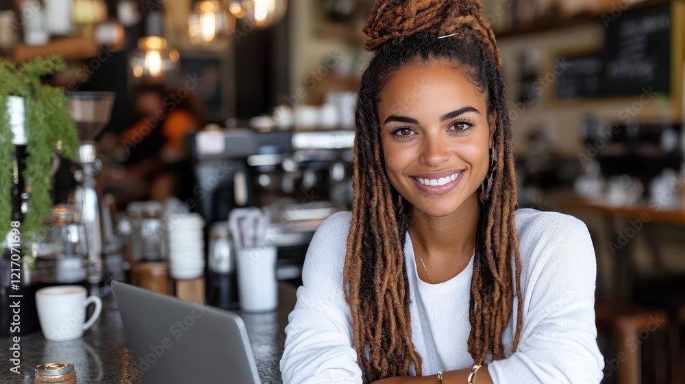 A vibrant and cheerful barista smiles, inviting patrons into a cozy coffee shop filled with fresh brews and a welcoming atmosphere for coffee lovers. A vibrant and cheerful barista smiles, inviting patrons into a cozy coffee shop filled with fresh brews and a welcoming atmosphere for coffee lovers.