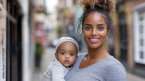 A radiant mother smiles joyfully while holding her baby close outdoors, encapsulating love, warmth, connection, and the beauty of motherhood in a vibrant setting.