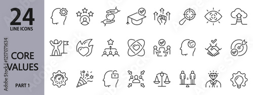 Core Values line icons set with Growth, Focus, Success, Quality, Handshake, Goal, Leadership, Positive, Teamwork, Trust and more. Editable Stroke