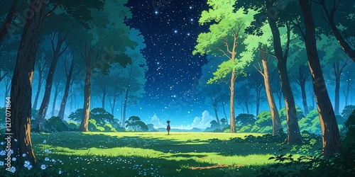 Ghibliinspired enchanted forest clearing starlit on anime background photo