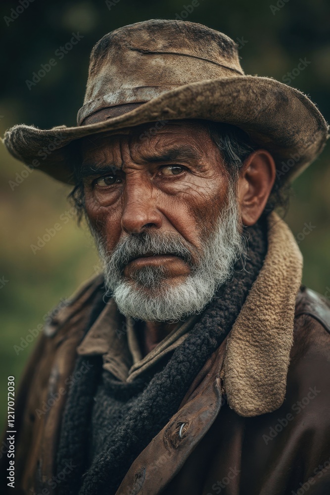 Argentinian gaucho with weathered features riding in traditional leather and wool clothing, against a blurred pampas landscape, cultural heritage Argentinian gaucho with weathered features riding in traditional leather and wool clothing, against a blurred pampas landscape, cultural heritage