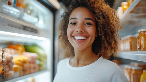 A smiling woman poses near her well-stocked refrigerator filled with healthy foods, highlighting her joyful, vibrant approach to nourishment and a healthy lifestyle.