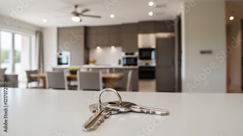 House keys on counter with blurred kitchen background symbolizing new home ownership
