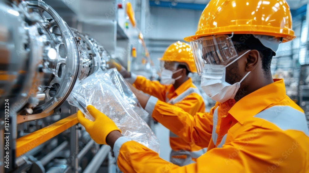 Fototapeta premium Industrial Engineer Examining Machinery at Factory Workshop