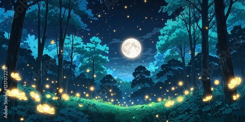 Ghibliinspired glowing moonlit forest with fireflies on anime background photo