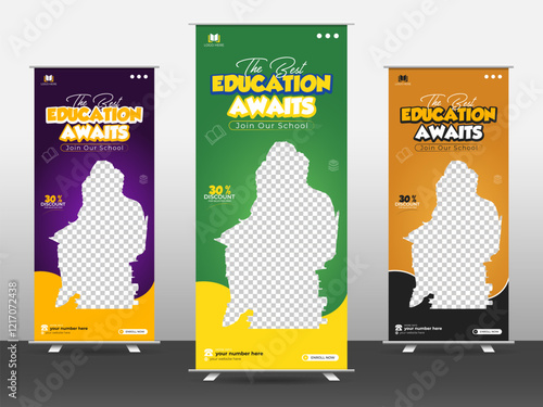 Education roll up banner design template, a bundle of 3 different color of stand banner, education and school admission banner design template