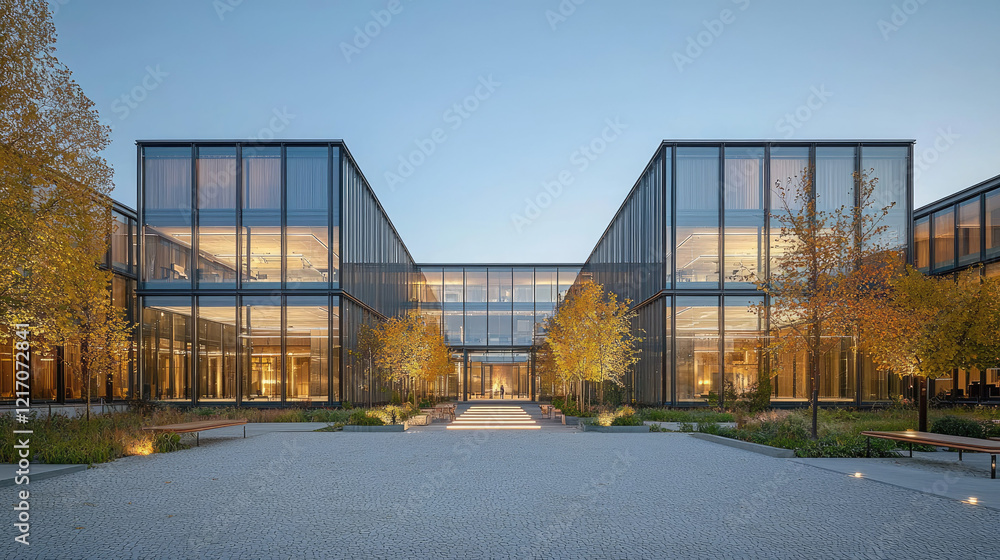 Modern glass building with autumn trees and evening light Modern glass building with autumn trees and evening light