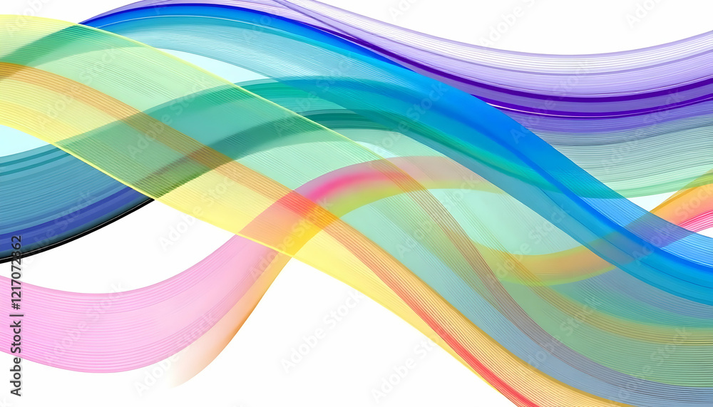 Obraz premium colorful flowing waves, abstract curves, translucent overlapping ribbons, vibrant spectrum, dynamic motion, smooth gradients, fluid lines, rainbow hues, ethereal wisps, swirling patterns, soft blendin