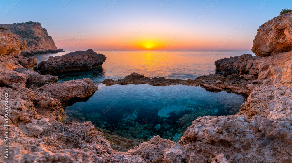 Sunset over serene coastal rocks and clear water near the shore Sunset over serene coastal rocks and clear water near the shore