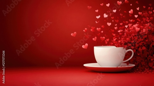 Heartfelt Brew: A Playful Visual of a Porcelain Mug Overflowing with Heart-Shaped Confetti, Set Against a Vibrant Red Backdrop, Representing the Joyful and Heartwarming Experience of Sharing a Cup of