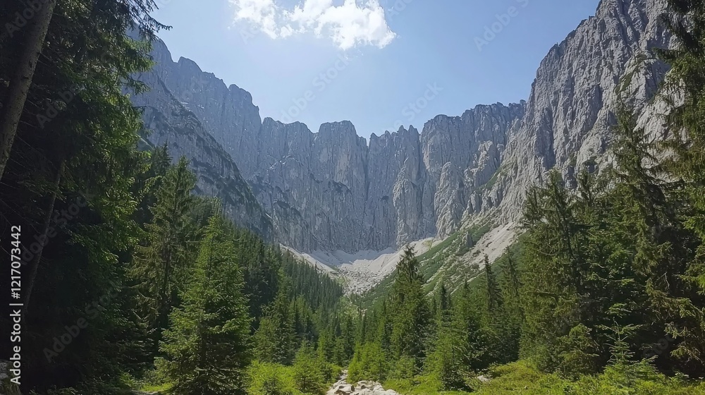Obraz premium Majestic Alpine valley, sunny day, hiking trail, rocky peaks, nature
