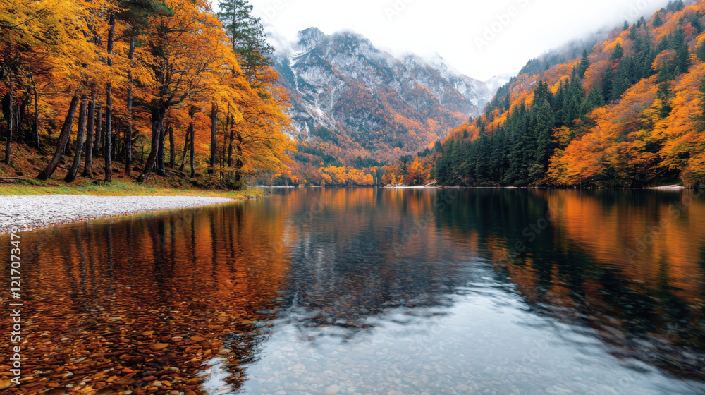 Naklejka premium Autumn foliage reflects on a calm lake surrounded by majestic mountains