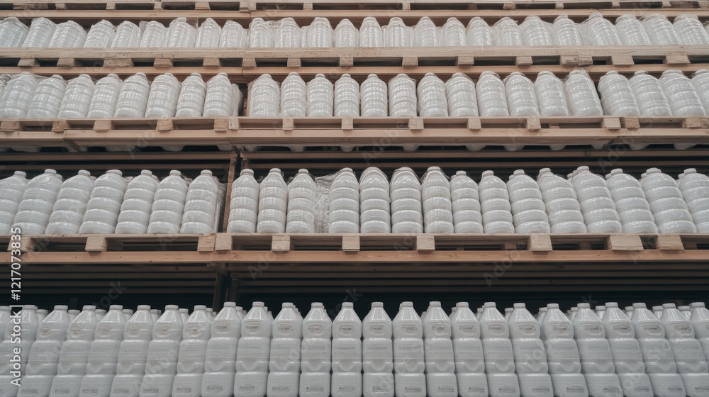 A warehouse filled with neatly stacked white plastic containers on wooden pallets, showcasing organization A warehouse filled with neatly stacked white plastic containers on wooden pallets, showcasing organization