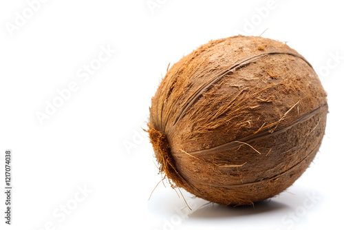 whole brown coconut with fibrous husk intact - natural unprocessed fruit with rough textured surface and visible fibers ideal for culinary and non-culinary applications photo