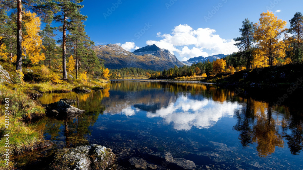 Autumn reflections on a tranquil lake surrounded by mountains Autumn reflections on a tranquil lake surrounded by mountains