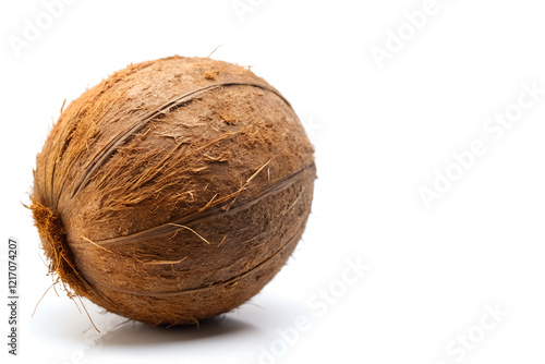 whole brown coconut with fibrous husk intact - natural unprocessed fruit with rough textured surface and visible fibers ideal for culinary and non-culinary applications photo