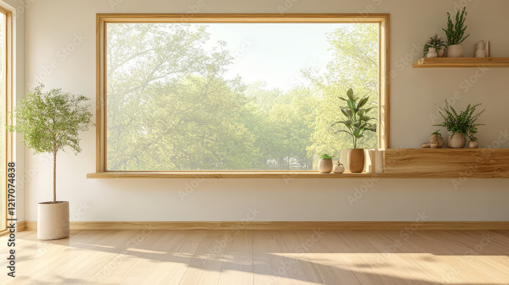 Fototapeta premium Bright and airy room with large window showcasing lush greenery outside during the day
