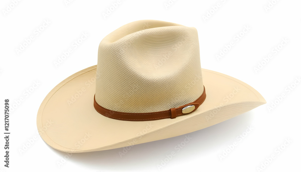 Cowboy hat, western style, cream colored, straw texture, wide brim, brown leather band, classic design, isolated on white background, high-quality product photography, detailed texture, soft lighting, Cowboy hat, western style, cream colored, straw texture, wide brim, brown leather band, classic design, isolated on white background, high-quality product photography, detailed texture, soft lighting,