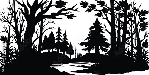 A forest with a silhouette of trees and the word the title in the bottom right corner