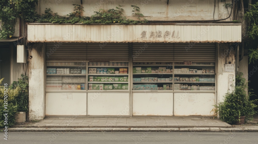 Abandoned storefront with glass display showcasing various products, surrounded by greenery Abandoned storefront with glass display showcasing various products, surrounded by greenery