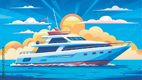 Bright illustration of a luxurious yacht on the background of sunset. Suitable for thematic articles about travel, vacation at sea and sea adventures.