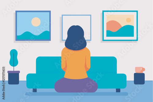 A picture of a girl sitting on the floor in front of the couch would be suitable for articles about meditation, relaxation and home comfort.