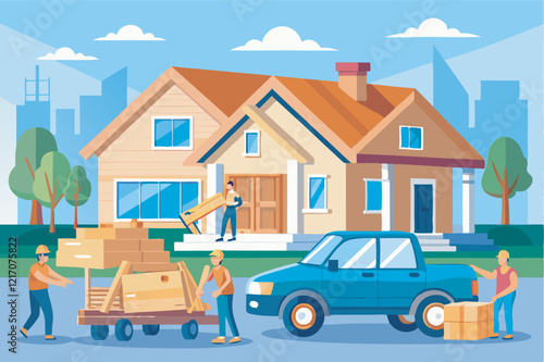 Drawing of moving to a new house with movers and boxes. Great for real estate websites, moving companies, blogs about renovation and home improvement.