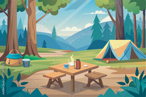 Illustration of camping in nature with tents and table. Ideal for articles about travel, outdoor recreation, tourism and family picnics, as well as for advertising camping equipment.