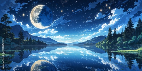 Reflective lake moon and stars artistry on anime background