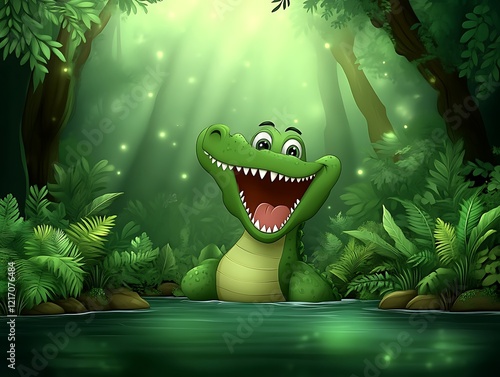 Joyful Crocodile in Lush Green Forest: A Cheerful Cartoon Illustration