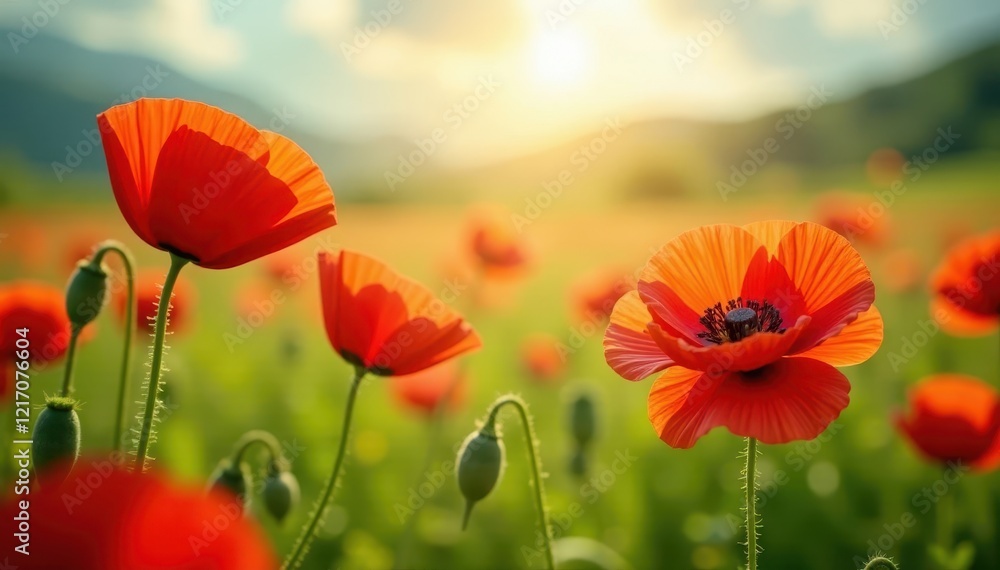 Vibrant red poppies bloom in a sun-drenched summer meadow , bright, blossom Vibrant red poppies bloom in a sun-drenched summer meadow , bright, blossom