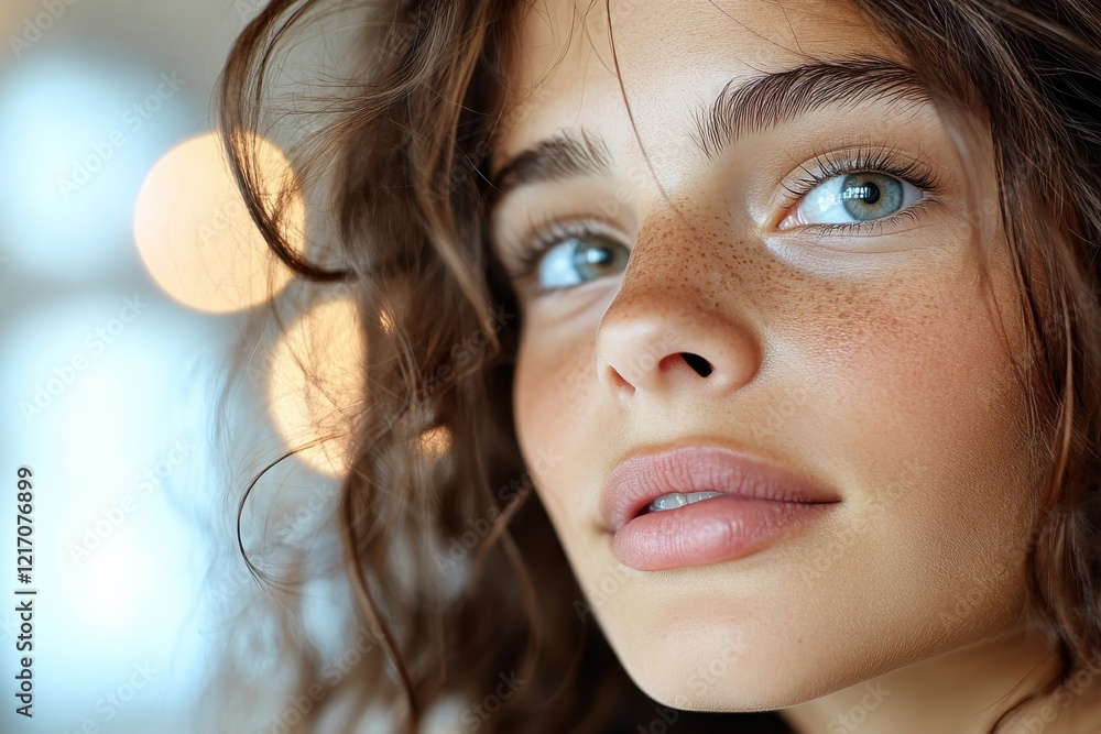 A stunning close-up portrait of a young woman showcasing her striking blue eyes, soft features, and charming freckles against a beautifully blurred background. A stunning close-up portrait of a young woman showcasing her striking blue eyes, soft features, and charming freckles against a beautifully blurred background.
