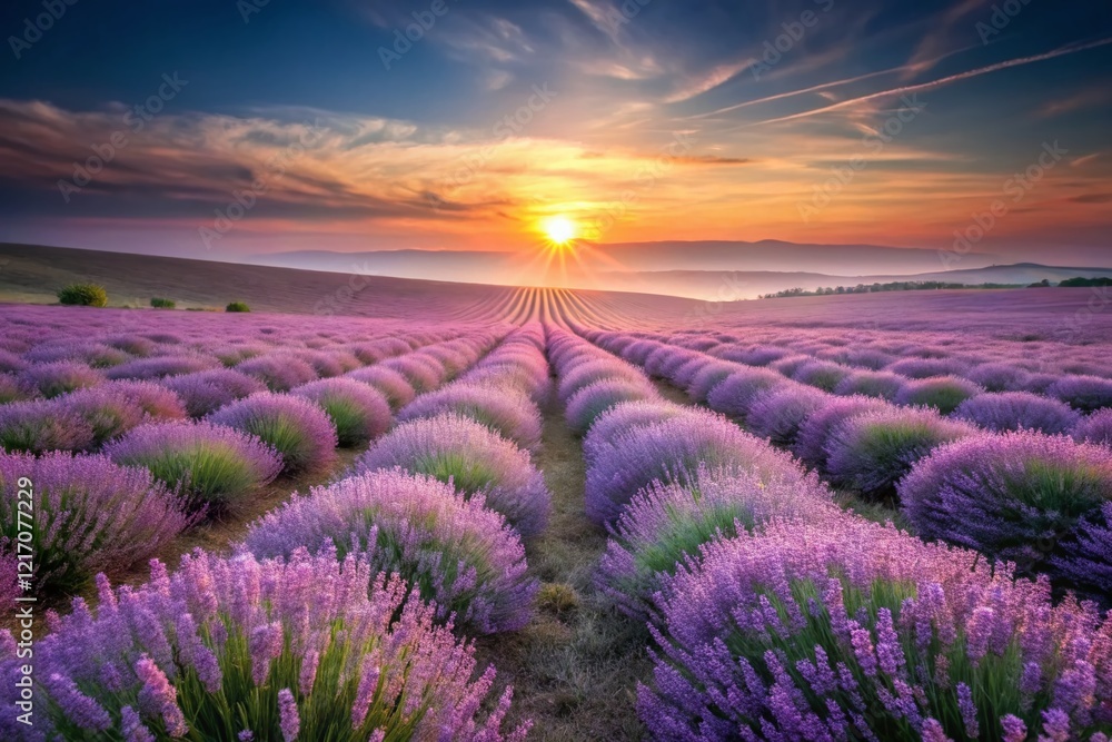Obraz premium Serene Lavender Field Sunrise: Long Exposure Photography