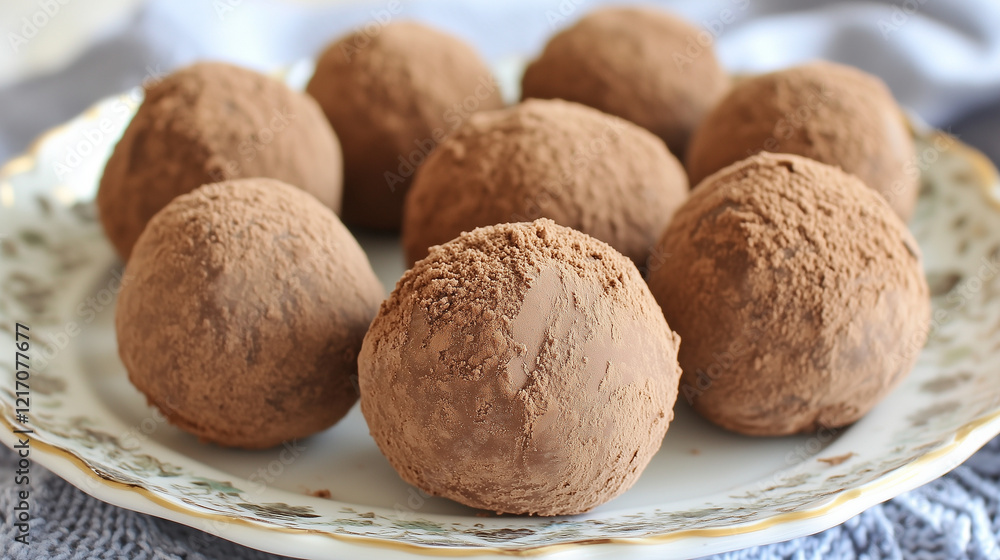 Chocolate truffles coated with cocoa powder, beautifully presented on a patterned plate Chocolate truffles coated with cocoa powder, beautifully presented on a patterned plate