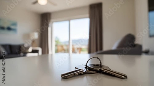 Keys to a New Home Awaiting on a White Countertop in a Bright Modern Interior