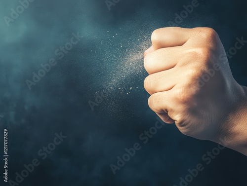 A close-up of a clenched fist dispersing dust particles in dramatic lighting, set against a smoky, atmospheric background.
 photo