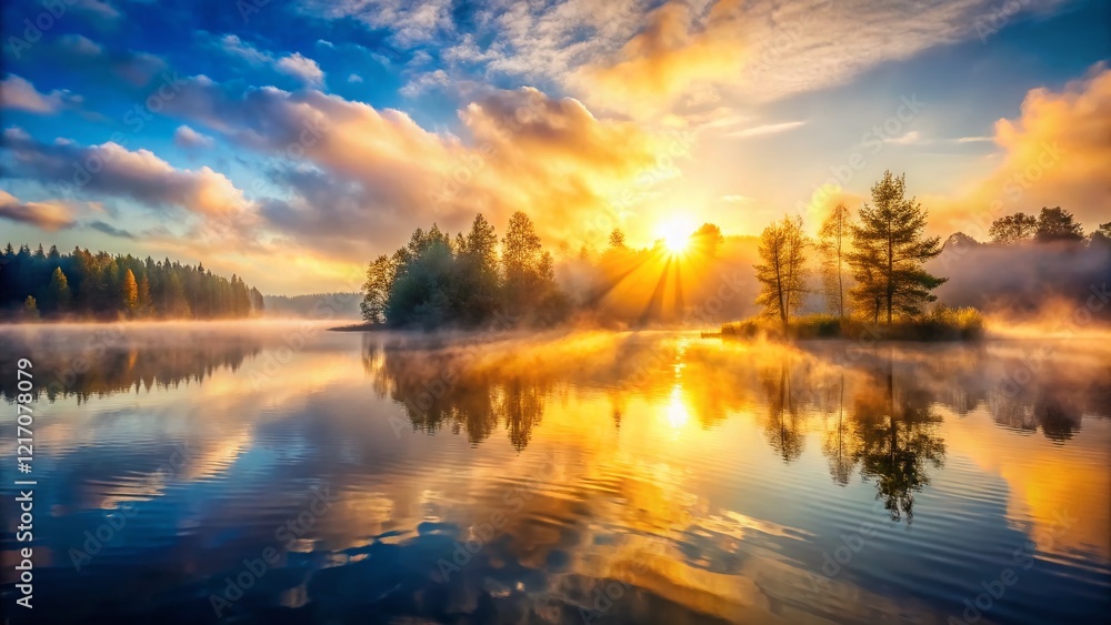 Serene Morning Mist on Calm Lake - Misty Water Landscape Stock Photo Serene Morning Mist on Calm Lake - Misty Water Landscape Stock Photo