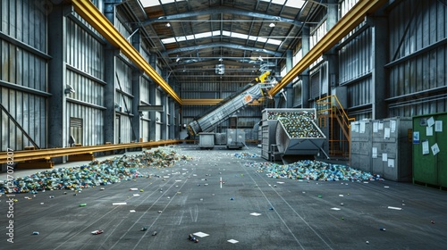 Recycling factory with waste conveyor and plastic bottles. Industrial machinery in action, showcasing eco-friendly waste management. Ideal for sustainability and environmental themes. photo