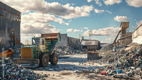 Waste processing plant with trash conveyor system. Focus on industrial recycling operations and eco-technology solutions. Perfect for environmental awareness projects. photo