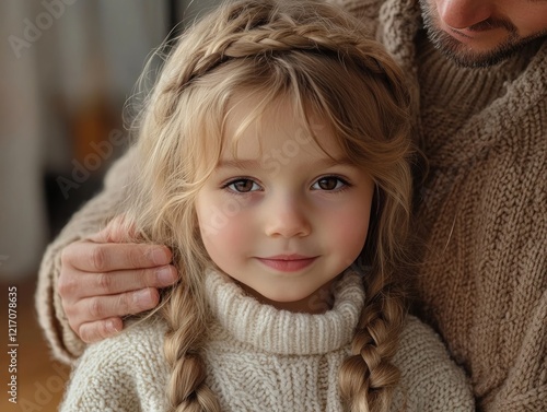 Capture the tender moment of a parent braiding their child's hair in this close-up, showcasing the emotional bonds, affection, and care shared between them This image embodies love and family unity photo