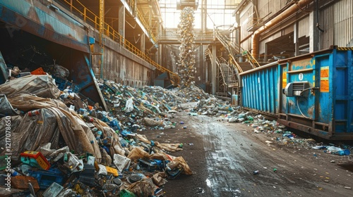 Waste recycling plant with a focus on conveyor operations. Showcasing garbage sorting, sustainable industry, and eco-solutions. Ideal for environmental and technological content. photo