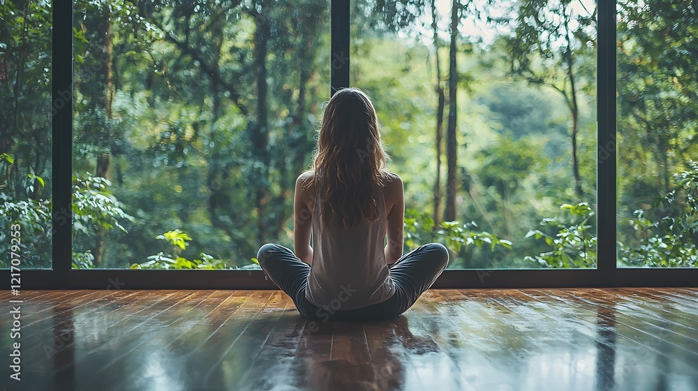A woman sitting cross-legged on a polished wooden floor, gazing out a large window at a serene forest view A woman sitting cross-legged on a polished wooden floor, gazing out a large window at a serene forest view