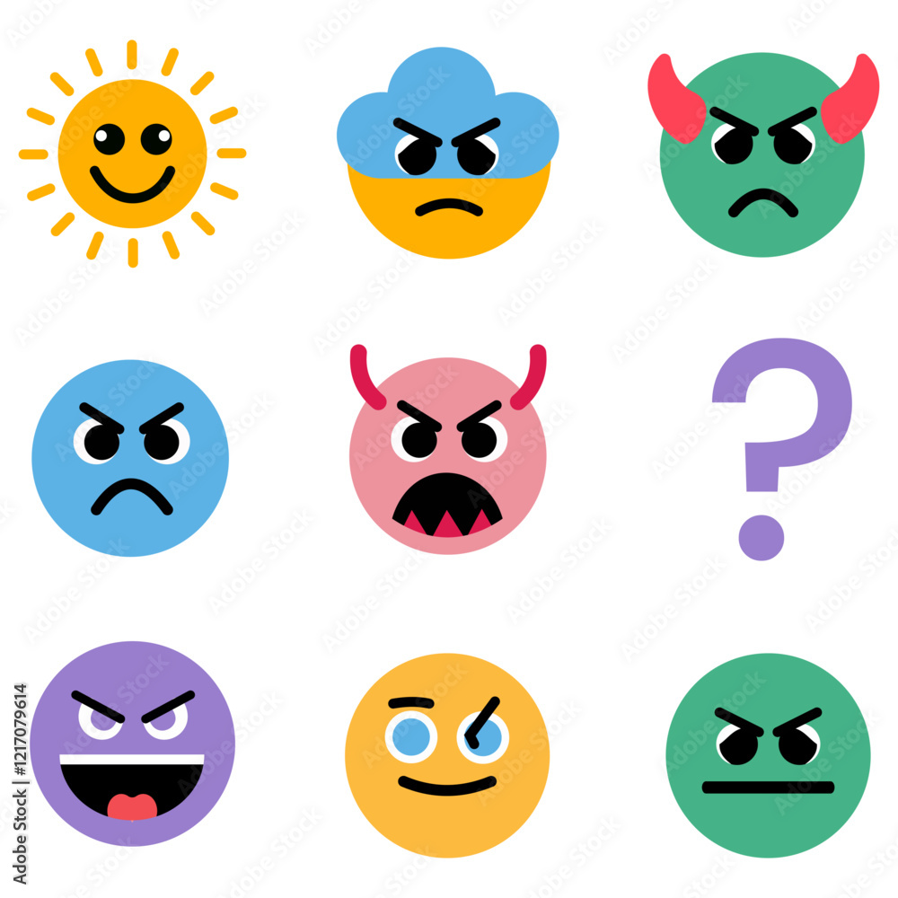 Obraz premium Happy, sad, angry, tired emoji face emoticon set. Round emoji with different mood. Feeling, emotion, facial expression concept. Flat cartoon character vector design isolated illustration.