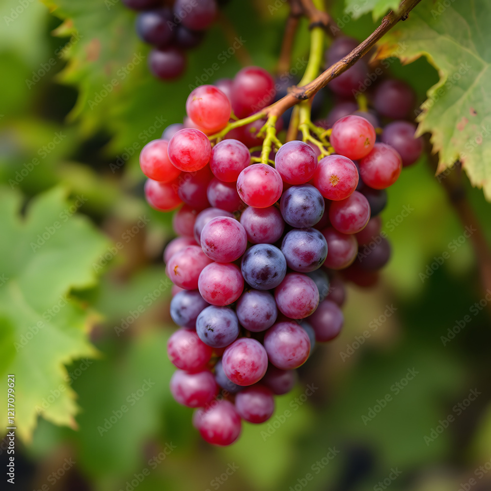 A high-resolution image of a cluster of grapes in a vineyard A high-resolution image of a cluster of grapes in a vineyard