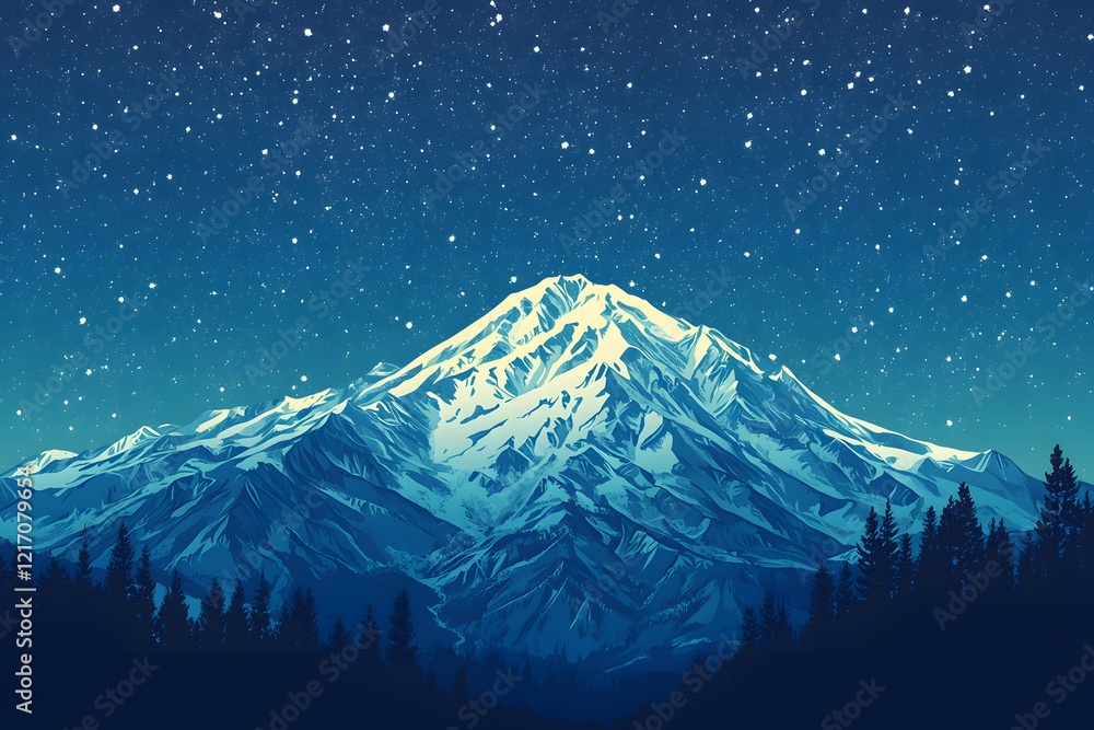 Majestic Mountains Under Starry Night Sky: Serene Landscape, Night Scenery, Winter Wonderland, Snowy Peaks, Forest Silhouette, Celestial View, Dark Blue Hues, Mountain Range