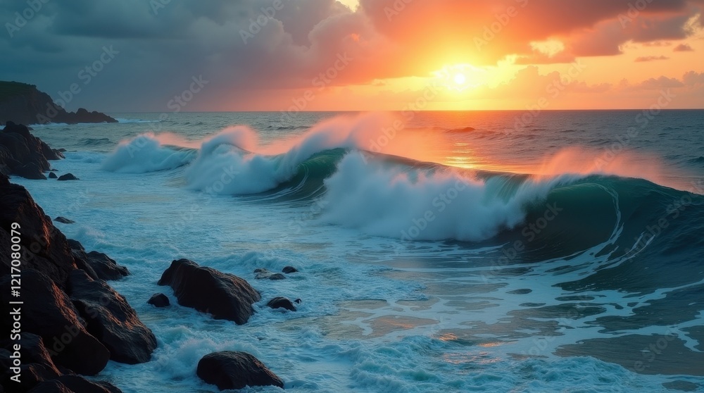 Naklejka premium Majestic ocean waves crash against the rocky shore as the sun sets, painting the sky with vibrant oranges and purples. A breathtaking display of nature's power and beauty.