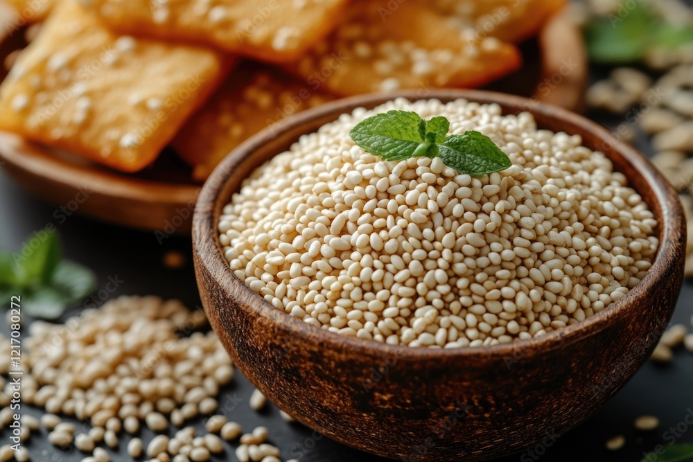 A bowl filled with sesame seeds sits next to a pile of crackers, perfect for snacking or as a prop in food-related scenes A bowl filled with sesame seeds sits next to a pile of crackers, perfect for snacking or as a prop in food-related scenes
