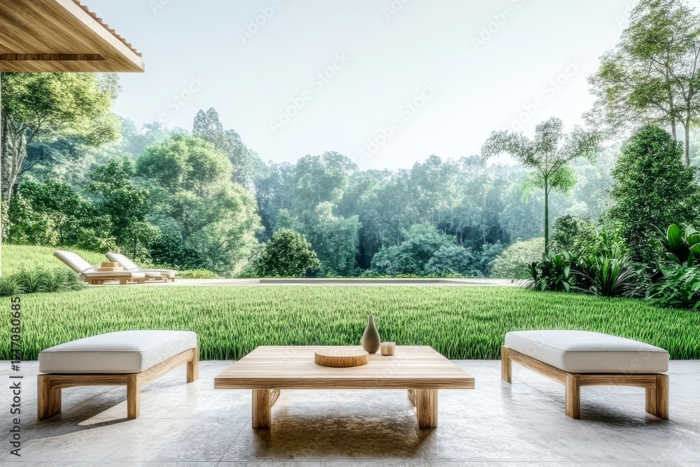 Fototapeta premium Relaxing outdoor lounge area with beautiful garden view in bright daylight