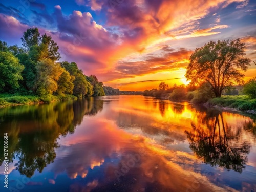 Serene Sunset Riverbank: Golden Hour Landscape Photography