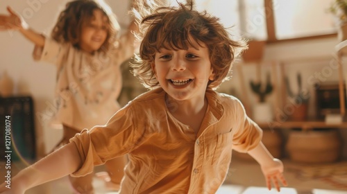 Silhouettes of kids holding hands and dancing in a bright living room. A warm, glowing moment of childhood fun. Great for creative, homey, and nostalgic projects.